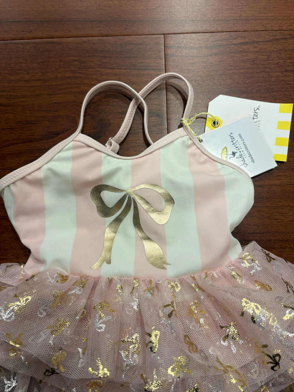 Pink & White Striped Tutu One-Piece Bodysuit with Gold Bow Accent